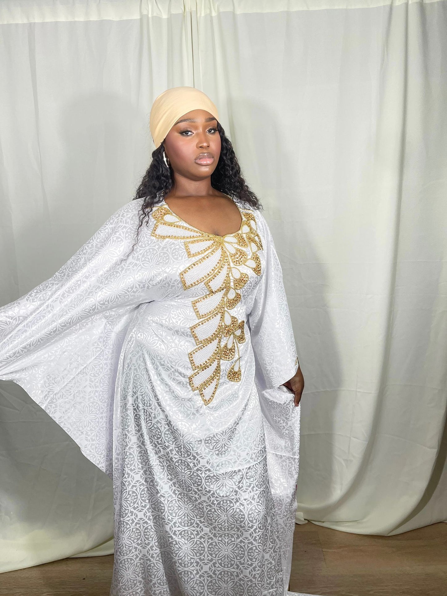 White and gold butterfly abaya